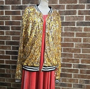 Anna-Kaci Sparkling Metallic Varsity Sequin Jacket Striped Trim XL